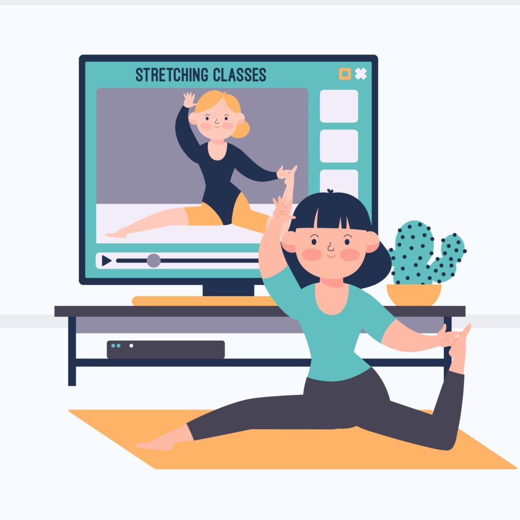 Kids following a yoga video on a screen