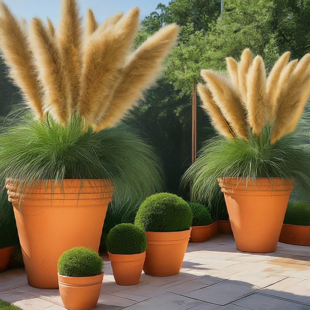 A patio with large pots of pampas grass