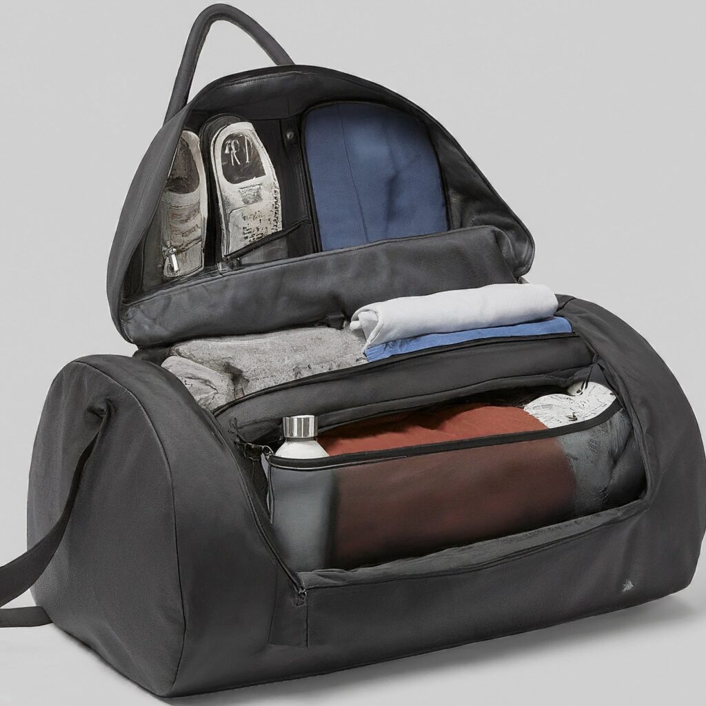 Various compartments in a duffle bag used for different types of items