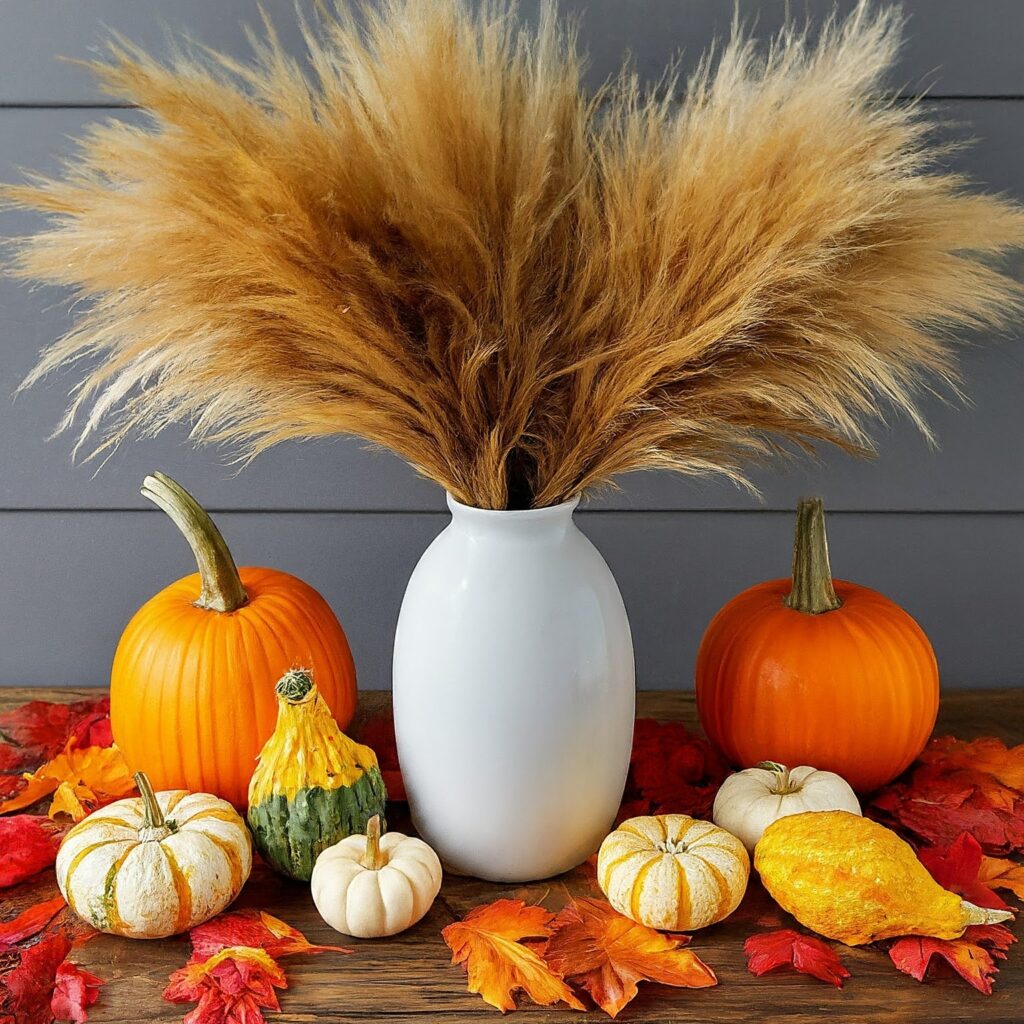 Pampas grass, pumpkins, and autumn leaves for seasonal decor