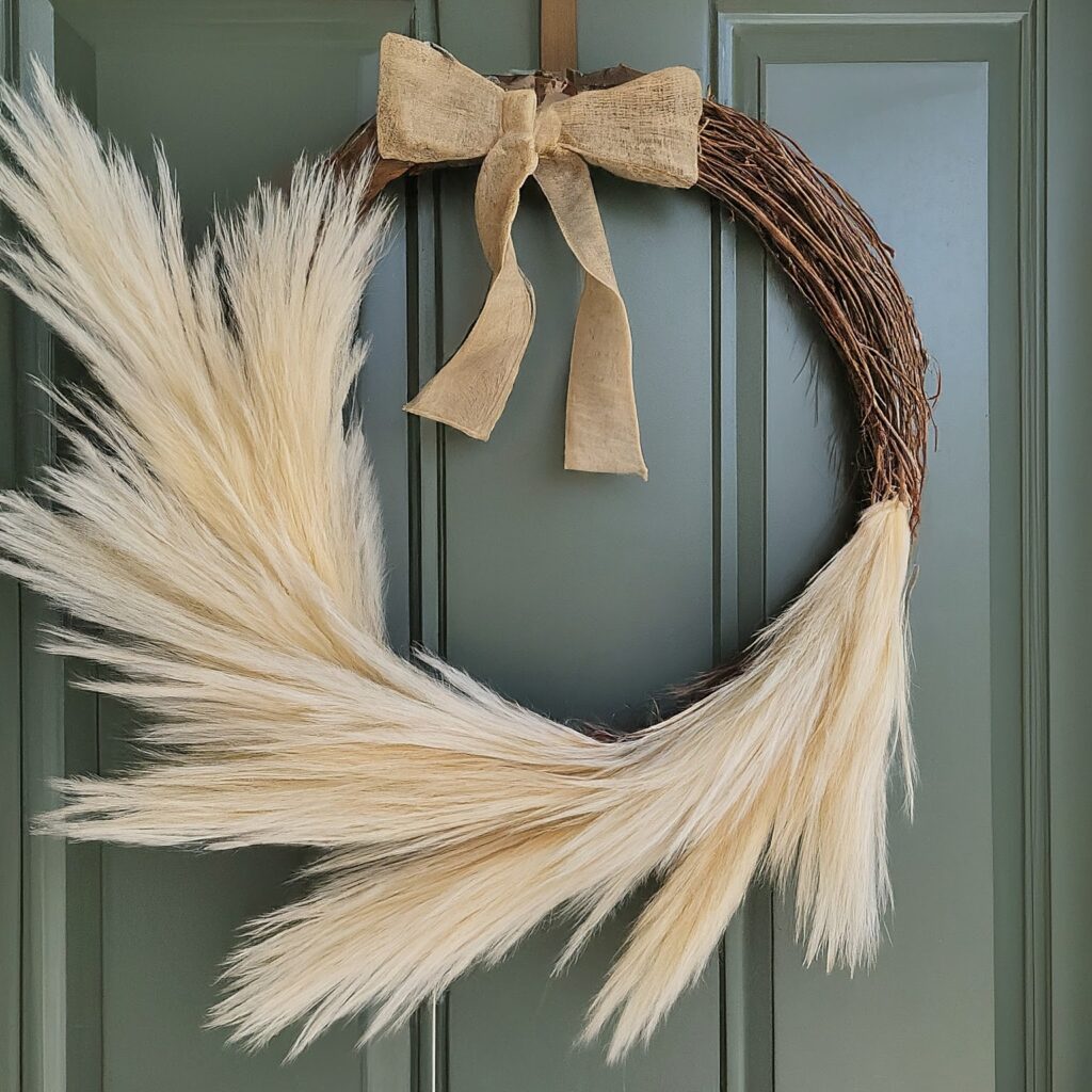 Pampas Grass DIY wreath hanging on a front door