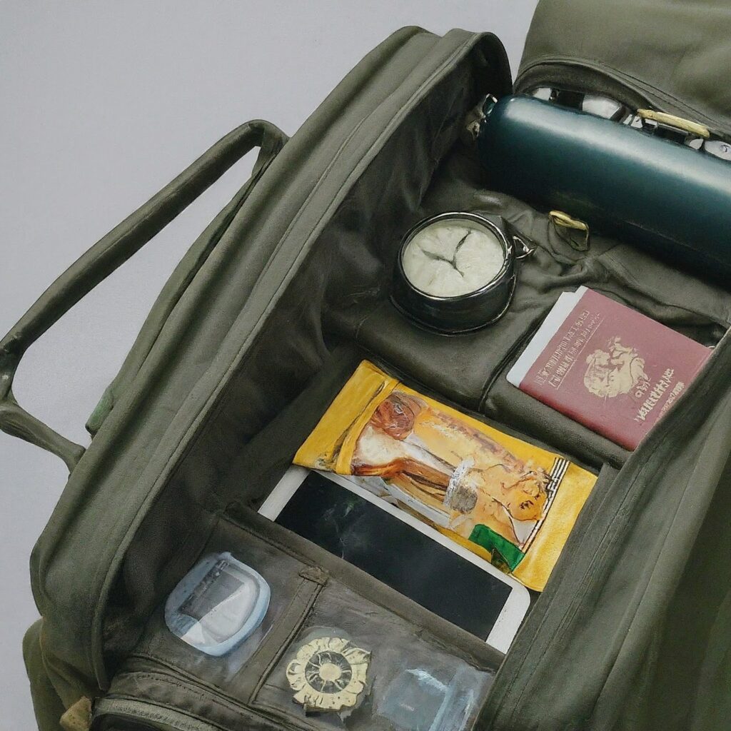 Travel essentials like passport, phone, and snacks kept accessible