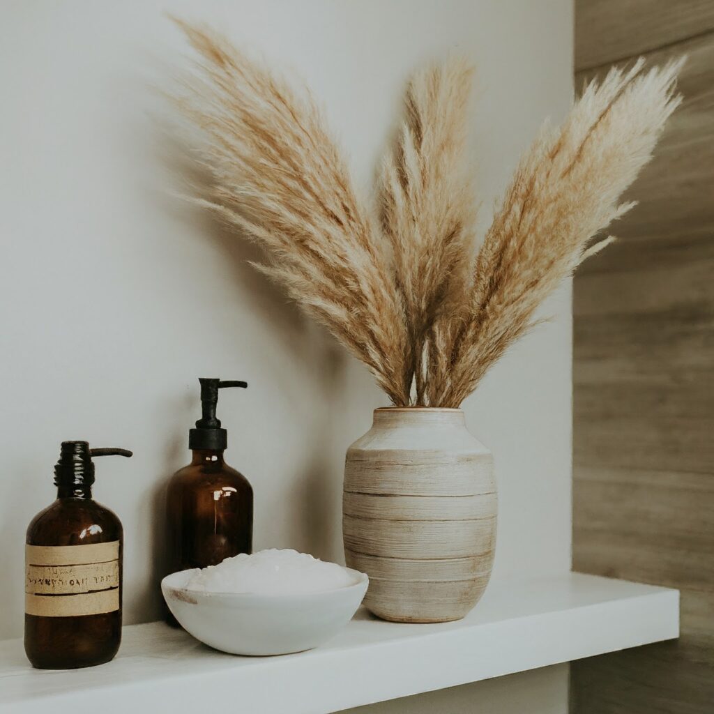 Pampas Grass next to Bathroom Shelf