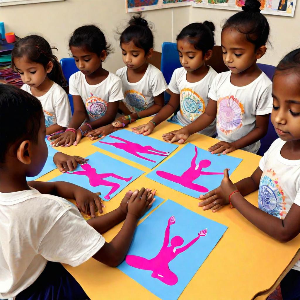 Children working on yoga-themed art and craft projects.