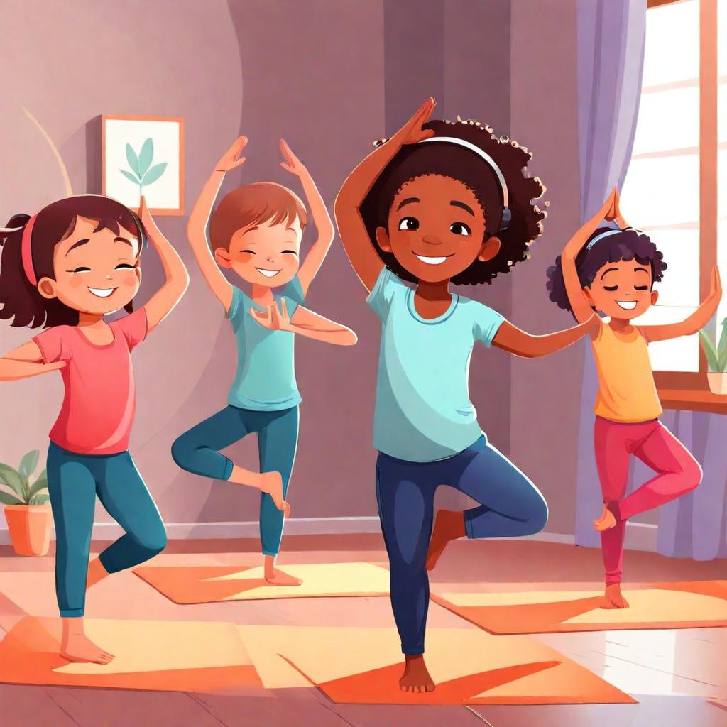 Children dancing and doing yoga poses to music