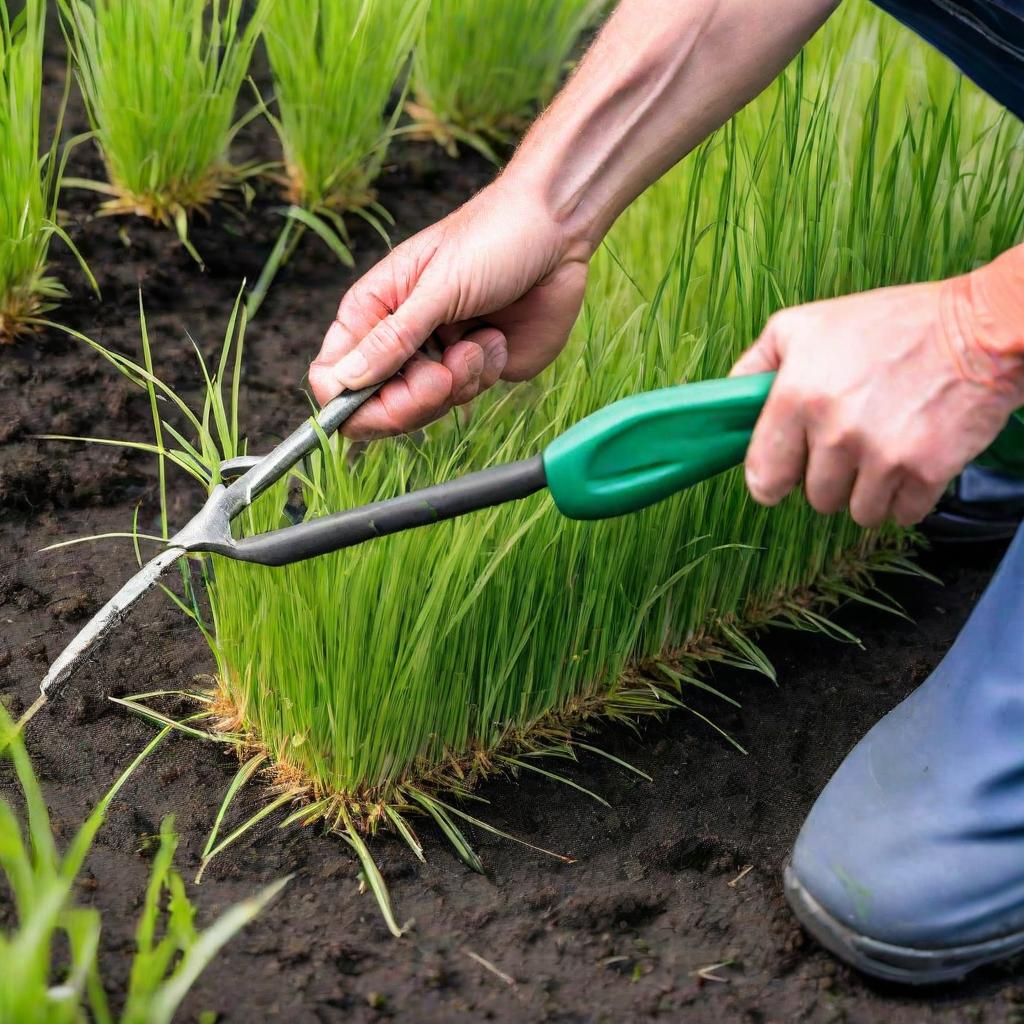 A person hand-pulling crab grass with a weeding tool