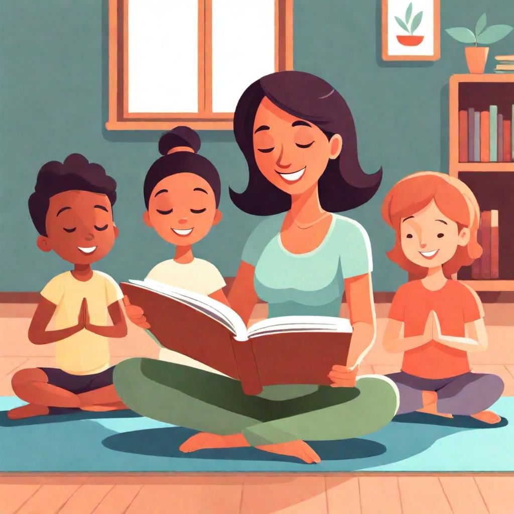 Parent or teacher reading a yoga storybook to children