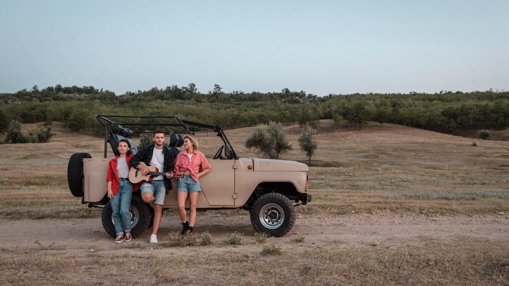 A picture of a scenic destination or a family on a road trip.