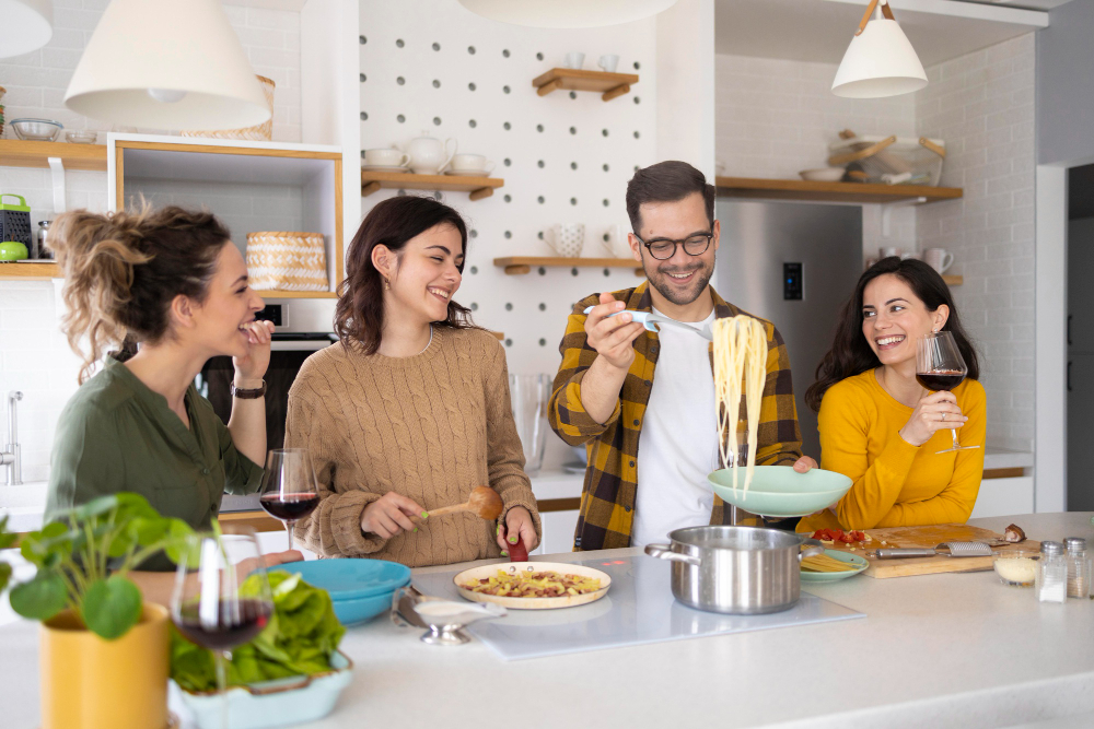 An image of a family cooking together or a beautifully set dining table