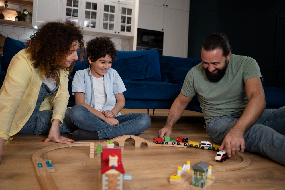 An image of a family playing board games or gathered around a table for game night.