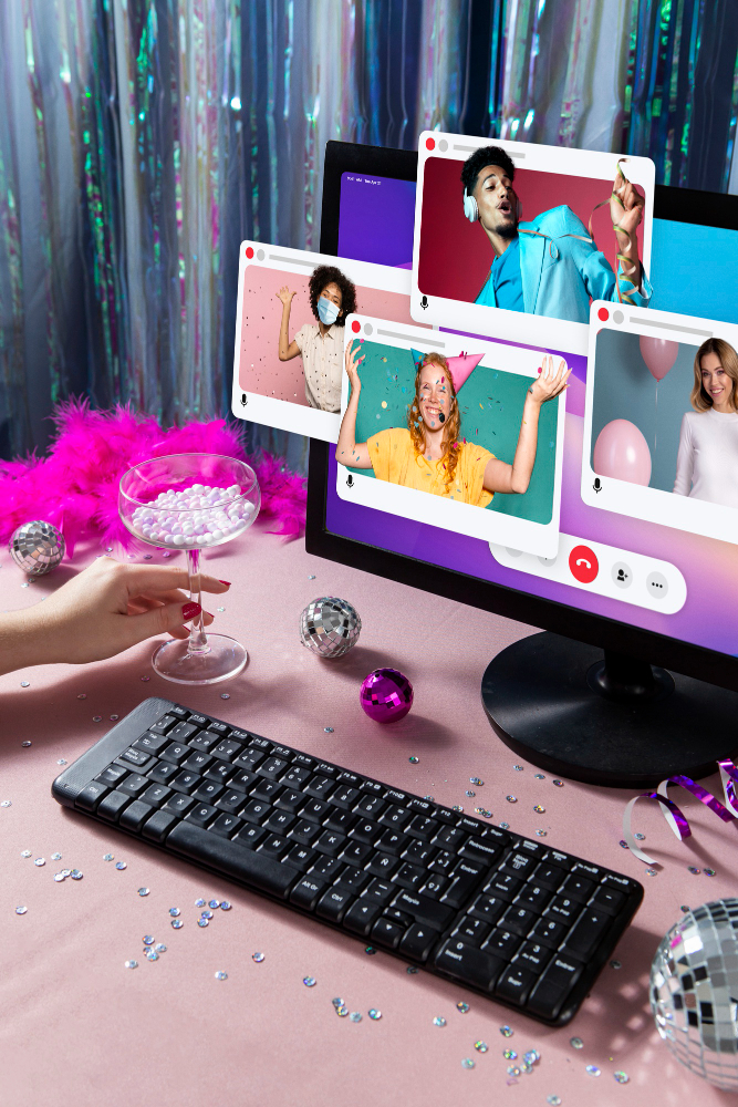 A collage of photos with friends or an image of friends connecting through video call.