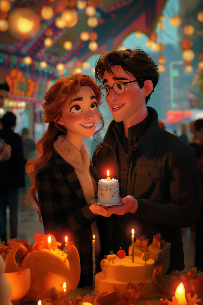 A romantic photo of a couple or an image of a couple celebrating a birthday together.