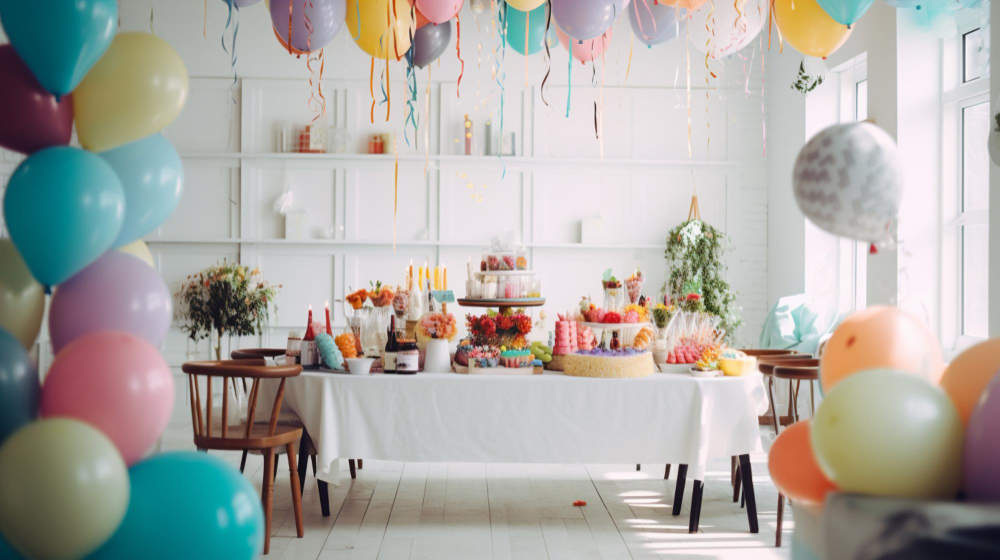 A picture of a festive party setup with decorations.