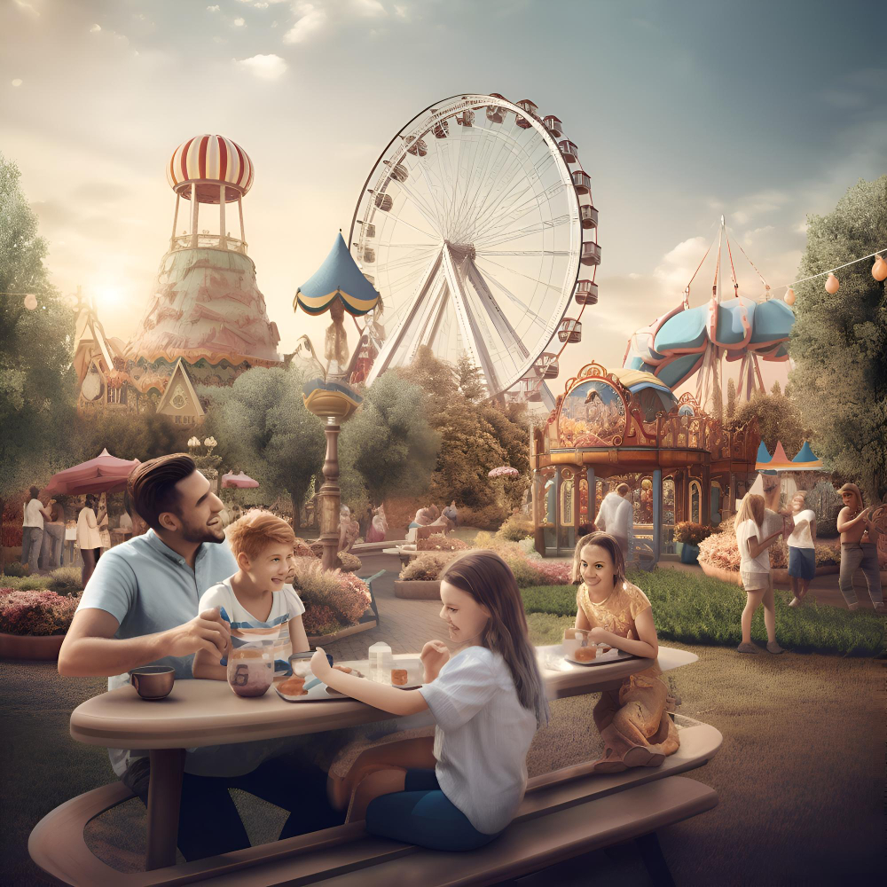 A vibrant image of a family enjoying a picnic in the park or a visit to an amusement park.