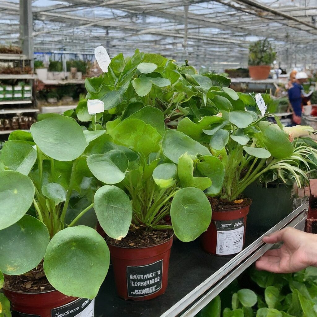 Images of Chinese Money Plants in various shopping settings (nurseries, markets).