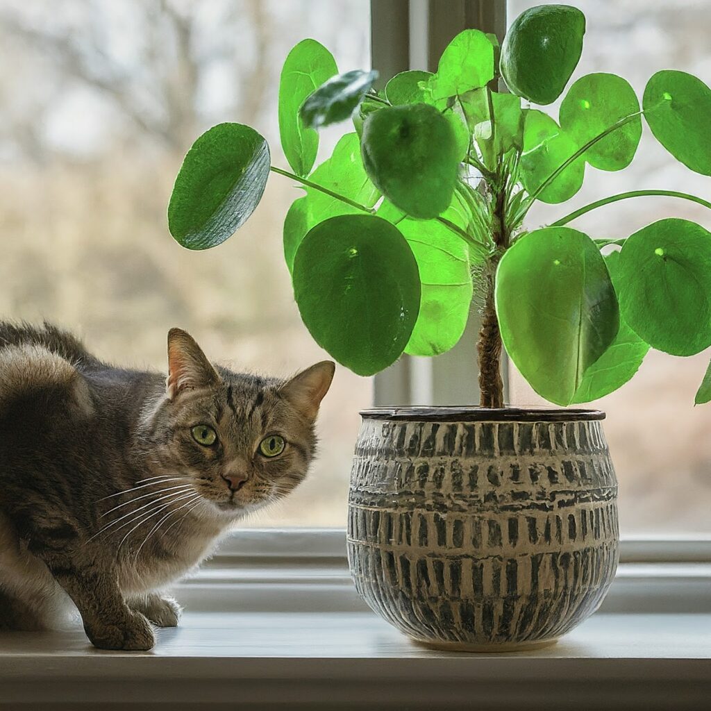 A picture of a pet near the Chinese Money Plant.