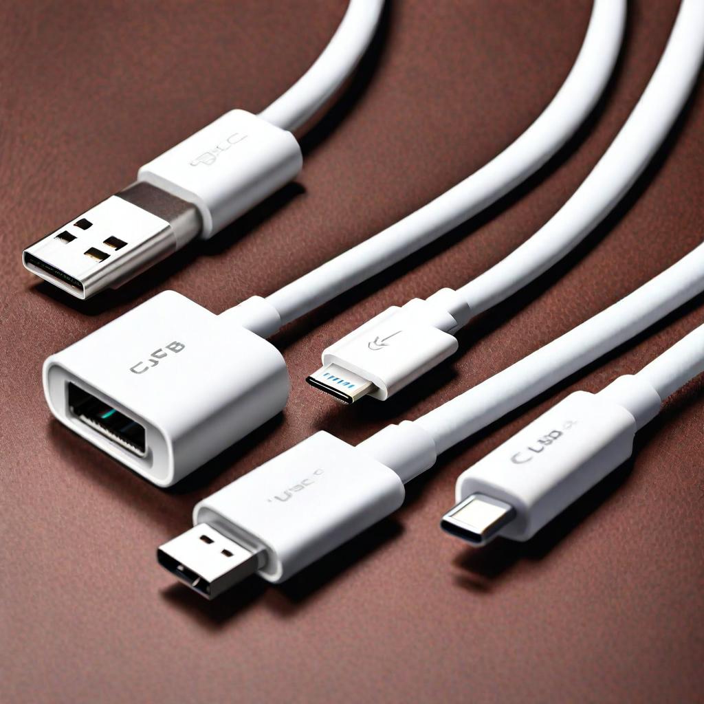 Different types of USB C cables, such as USB C to Lightning, USB C to USB C.