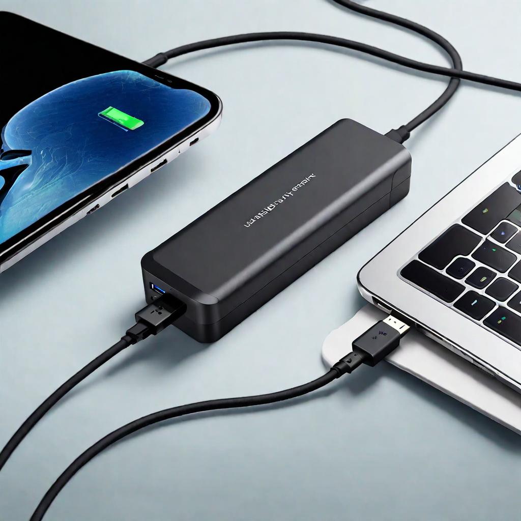 A multi-port USB C charger with various devices connected.